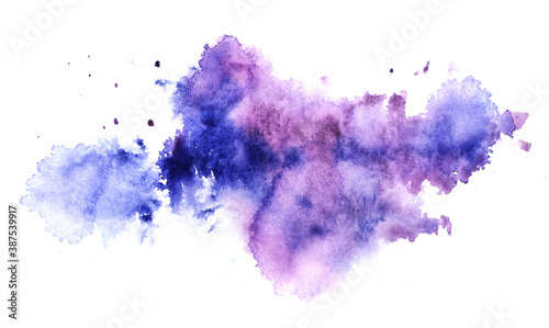 Abstract watercolor background. Shapeless blurry splashes of paint of blue and purple colors with small spots on white backdrop. Hand drawn colorful illustration
