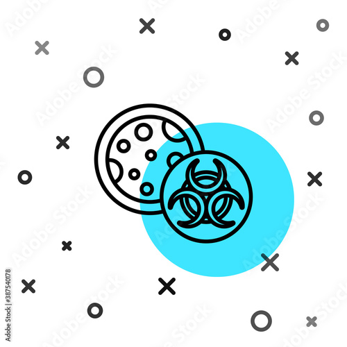 Black line GMO icon isolated on white background. Genetically modified organism acronym. Dna food modification. Random dynamic shapes. Vector.