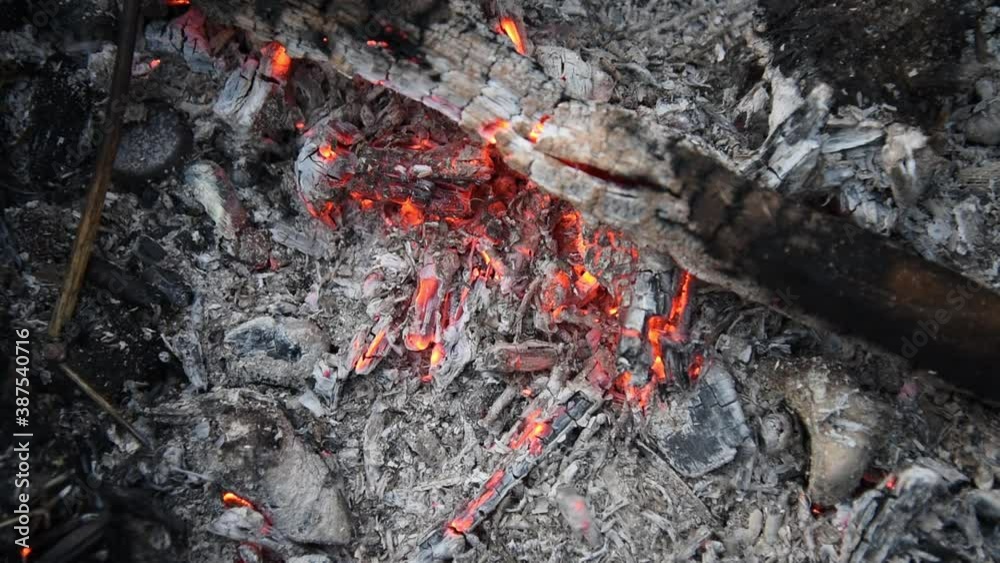 Embers in the fire. Dry, thin branches were added to the fire. Embers in the fire. Dry, thin branches were added to the fire.