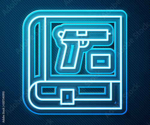 Glowing neon line Book with pistol or gun icon isolated on blue background. Police or military handgun. Small firearm. Weapon catalog. Vector.