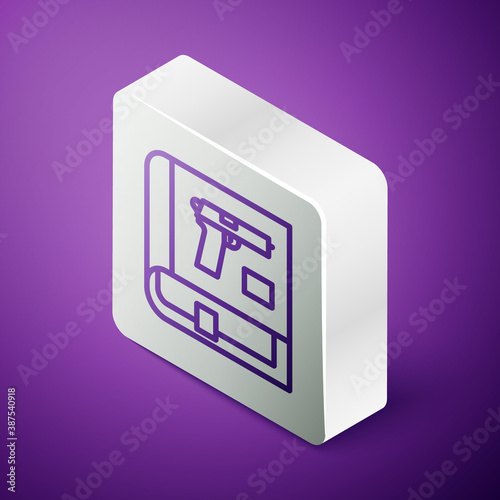 Isometric line Book with pistol or gun icon isolated on purple background. Police or military handgun. Small firearm. Weapon catalog. Silver square button. Vector.