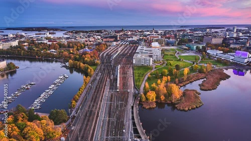 Aerial view of the railway in the center of Helsinki in Autumn evening. Amazing aerial hyperlapse video of Central Helsinki, Finland.