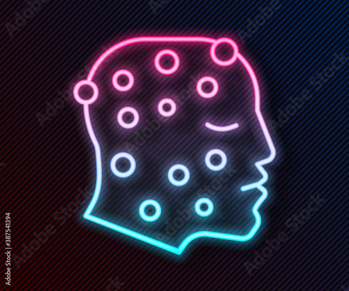 Glowing neon line Face with psoriasis or eczema rash icon isolated on black background. Concept of human skin response to allergen or chronic body problem. Vector.