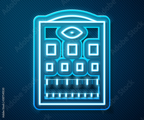 Glowing neon line Eye test chart icon isolated on blue background. Poster for vision testing in ophthalmic study. Snellen chart. Vector.