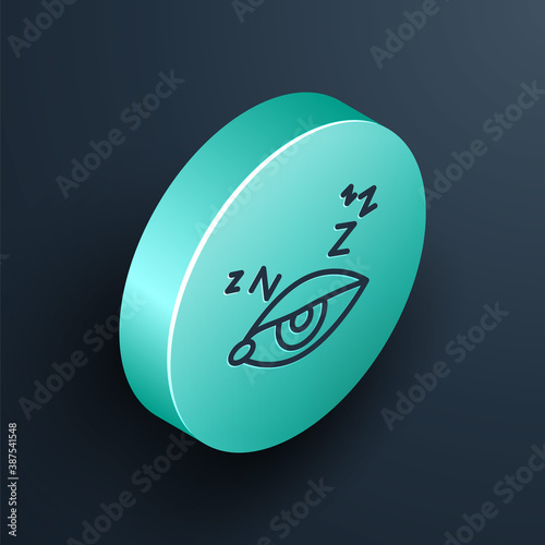 Isometric line Insomnia icon isolated on black background. Sleep disorder with capillaries and pupils. Fatigue and stress. Turquoise circle button. Vector.