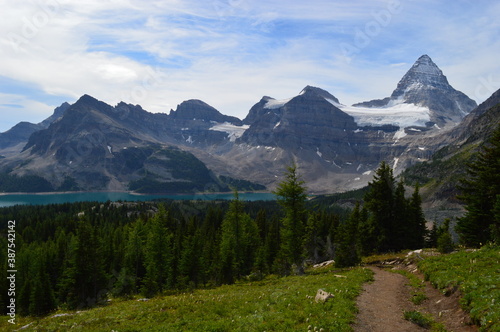 Climbing, hiking and camping at the Mount Assiniboine National Park in the Rocky Mountains between Alberta and British Columbia in Canada