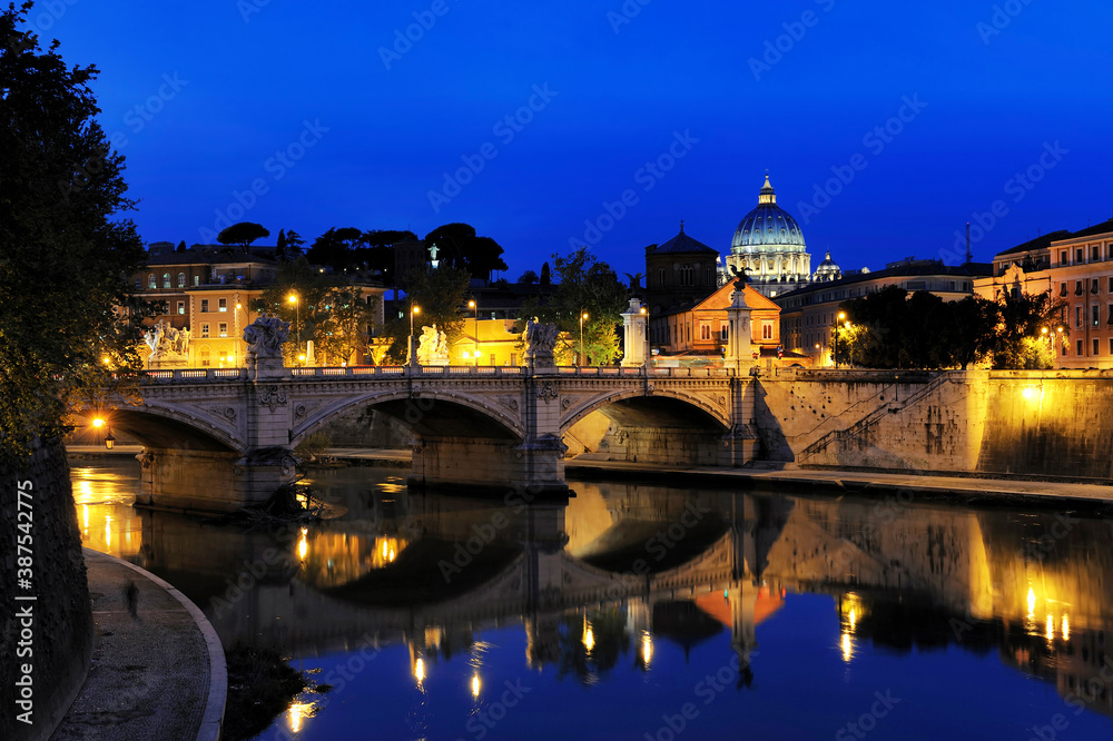 Bridge of Victor Emmanuel II and Basilica of St.Peter at night, Rome, Italy