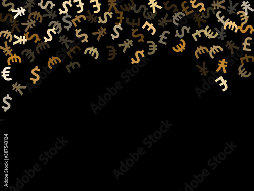 Euro dollar pound yen metallic symbols flying money vector background. Commerce pattern. Currency 