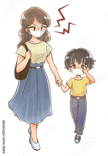 マスクをつけた 泣きべそをかく子供と怒るお母さん2 Stock イラスト Adobe Stock