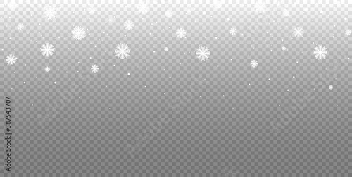Vector heavy snowfall  snowflakes in different shapes and forms. Many white cold flake elements on transparent background. White snowflakes flying in the air. Snow flakes  snow background.