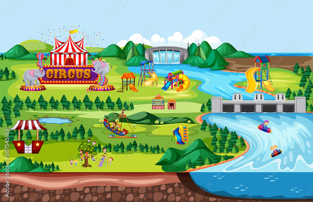 Theme amusement park landscape scene and many rides with happy children