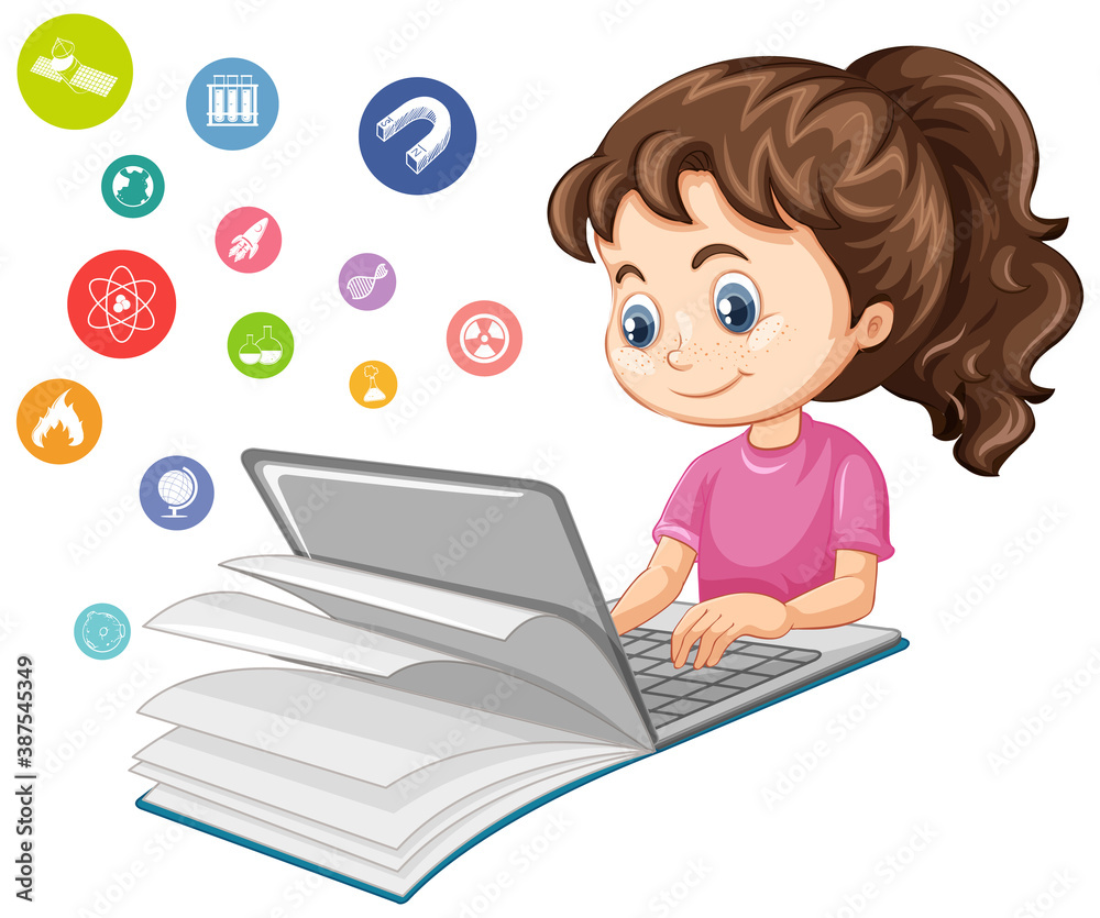 Girl searching on laptop with education icon cartoon style isolated on white background Girl searching on laptop with education icon cartoon style isolated on white background