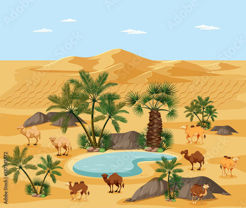 Desert oasis with palms nature landscape scene © blueringmedia