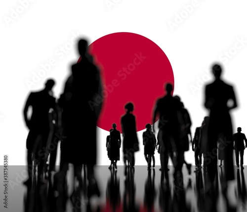 Silhoettes of unknown men and women on the flag of Japan background. 3d rendering