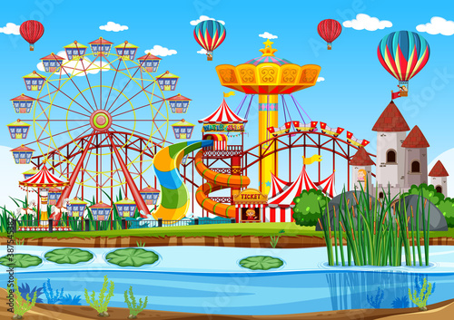 Amusement park with swamp scene at daytime with balloons in the sky