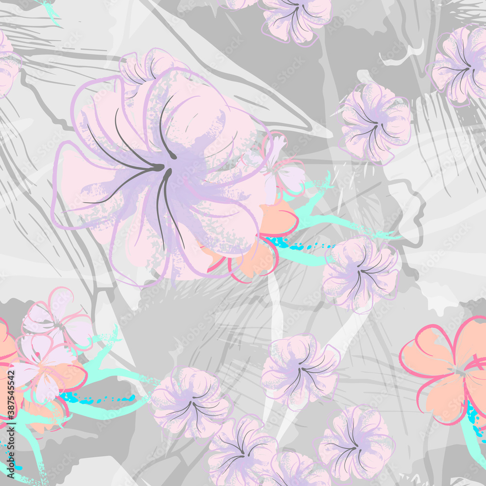 Pink Flowers Blooming Pattern. Pastel Watercolor. Pink Flowers Blooming Pattern. Pastel Watercolor.