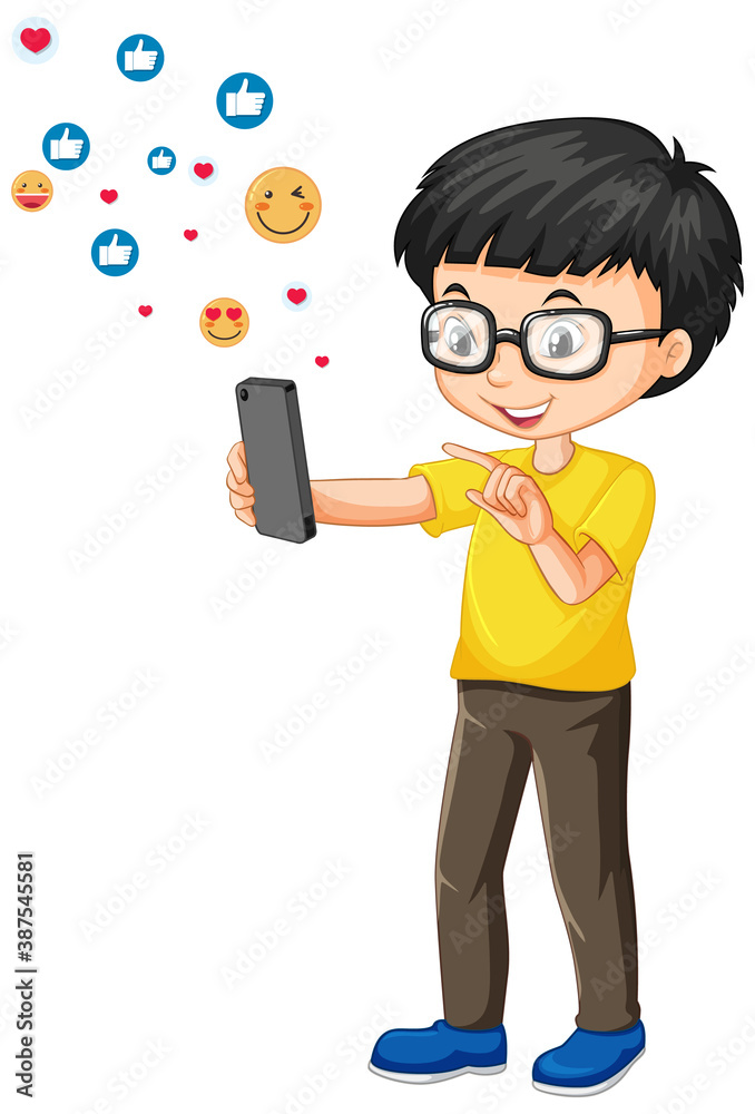 Nerdy boy using smartphone with social media emoji icon cartoon style isolated on white background Nerdy boy using smartphone with social media emoji icon cartoon style isolated on white background