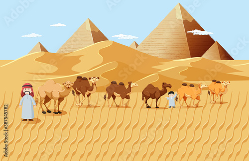 Camels in desert with pyramid background landscape scene