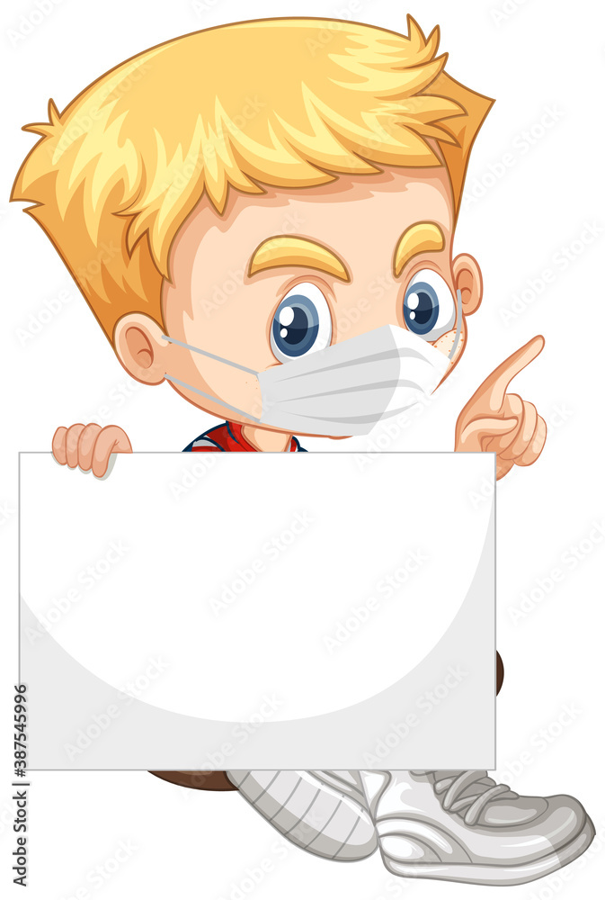Cute young boy cartoon character holding blank banner Cute young boy cartoon character holding blank banner