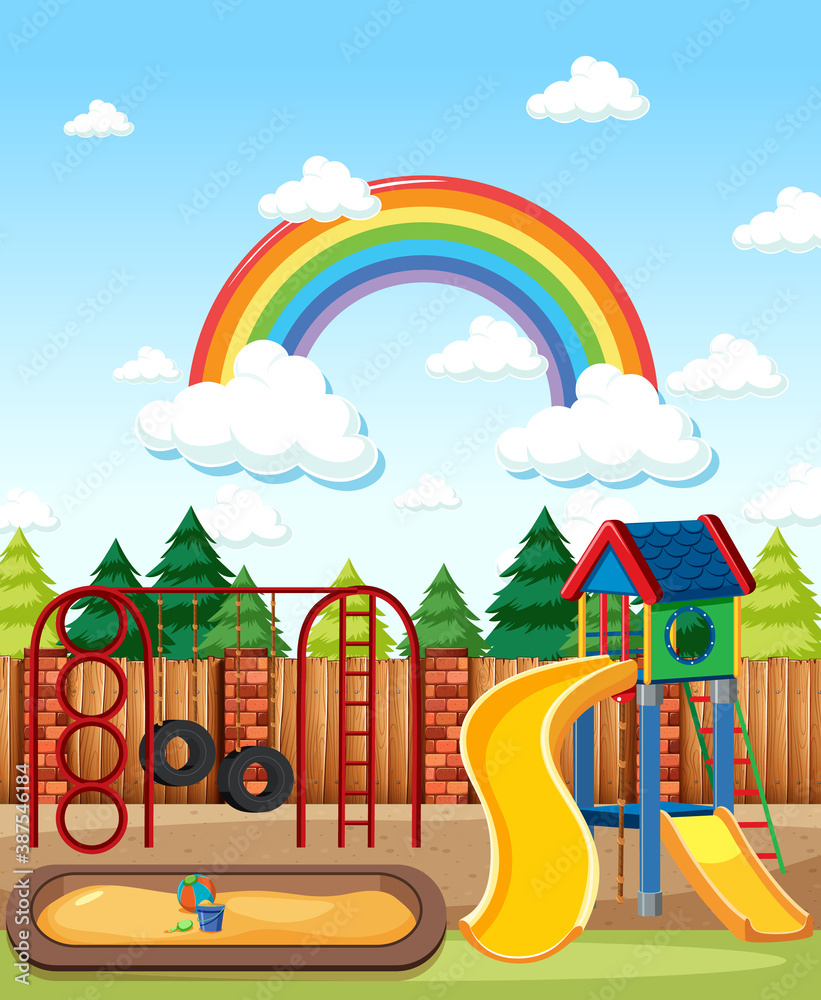 Kids playground in the park with rainbow in the sky at daytime cartoon style