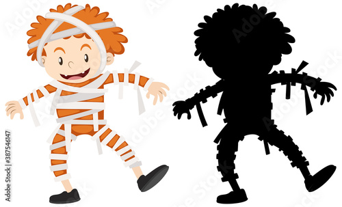 KId in mummy costume with its silhouette