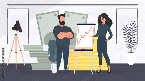 A girl shows a report to the boss. Presentation with positive dynamics. Board for paper. Infographics. Business growth. Vector.