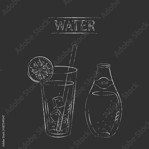 Vector chalk sketch illustration of water bottle and glass with lemon, straw and ice cubes.