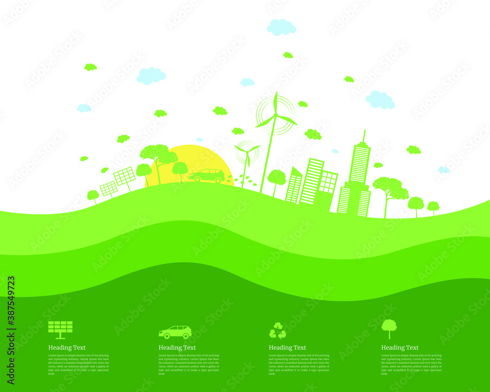Global warming green earth world environmental day concept wind energy tree and clouds eco friendly  sustainable eco-system  green city illustration