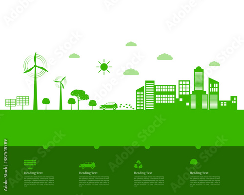 Global warming green earth world environmental day concept wind energy tree and clouds eco friendly  sustainable eco-system  green city illustration
