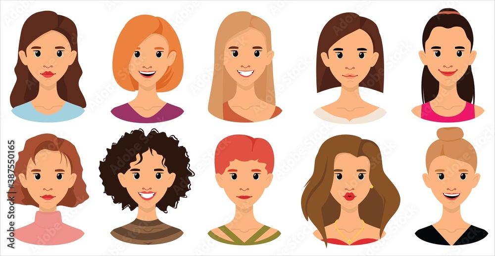 Woman avatar set flat vector illustration. Portrait of young girls with different hairstyle, beautiful, udybka, different characters isolated on white background Woman avatar set flat vector illustration. Portrait of young girls with different hairstyle, beautiful, udybka, different characters isolated on white background