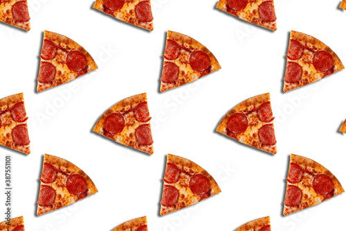 Tasty pizza pattern. Piece of pepperoni pizza pattern isolated on white background.	