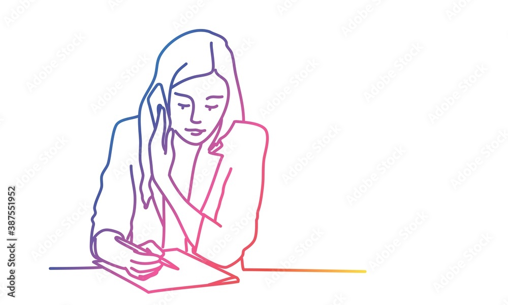 Young girl writes on paper and speaks on the phone. Gradient line. Vector illustration. Young girl writes on paper and speaks on the phone. Gradient line. Vector illustration.