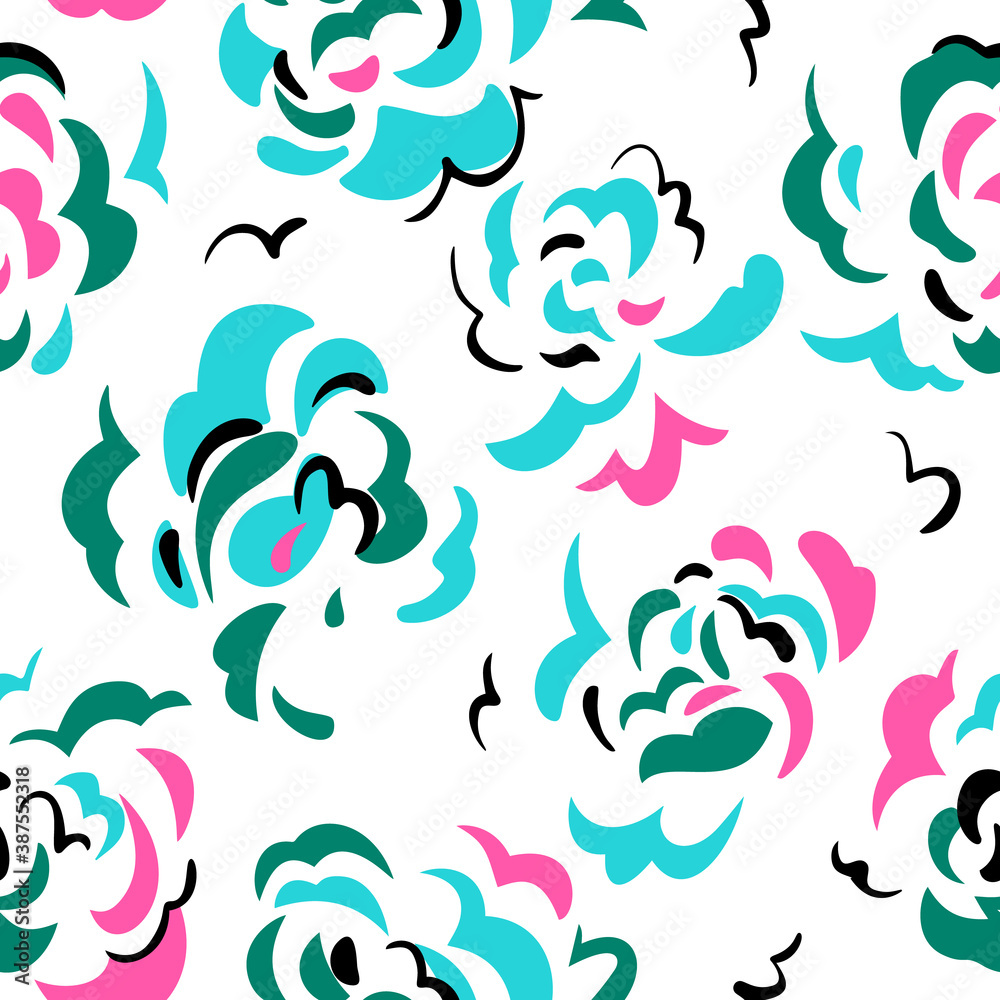 Seamless pattern made of decorative flower heads. Abstract brush strokes art background. Curved wavy shapes forming floral botanical texture. Good for fabric, textile, fashion design.