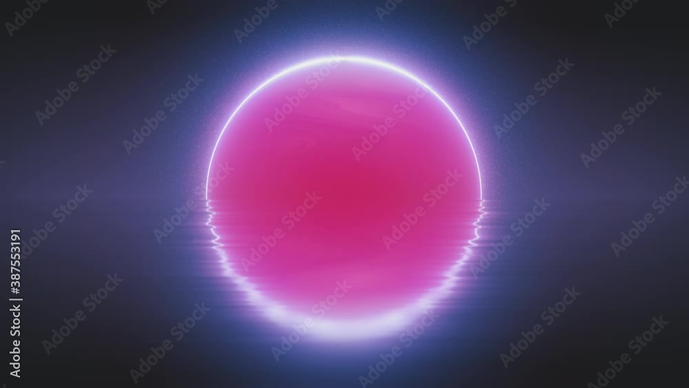 Bright glowing pink planet or sun above horizon. Reflections on water waves. Synthwave, vaporwave style. Retrowave dynamic digital animation. Retro futurism, vintage 80s, 90s clip. Seamless loop in 4K