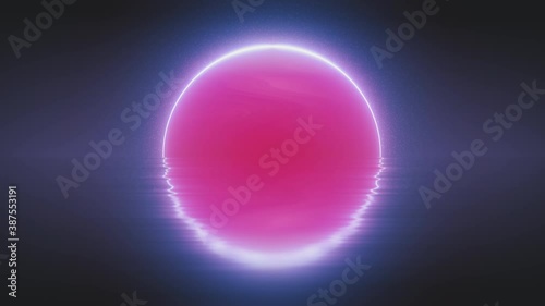 Bright glowing pink planet or sun above horizon. Reflections on water waves. Synthwave, vaporwave style. Retrowave dynamic digital animation. Retro futurism, vintage 80s, 90s clip. Seamless loop in 4K