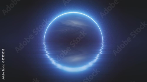Bright glowing blue planet above horizon. Reflections on water waves. Synthwave, vaporwave style. Neon. Retrowave dynamic digital animation. Retro futurism, vintage 80s, 90s clip. Seamless loop in 4K