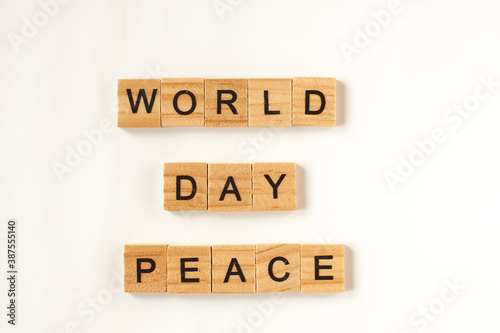 Top view of the words world peace day lined from square wooden tiles on white background.