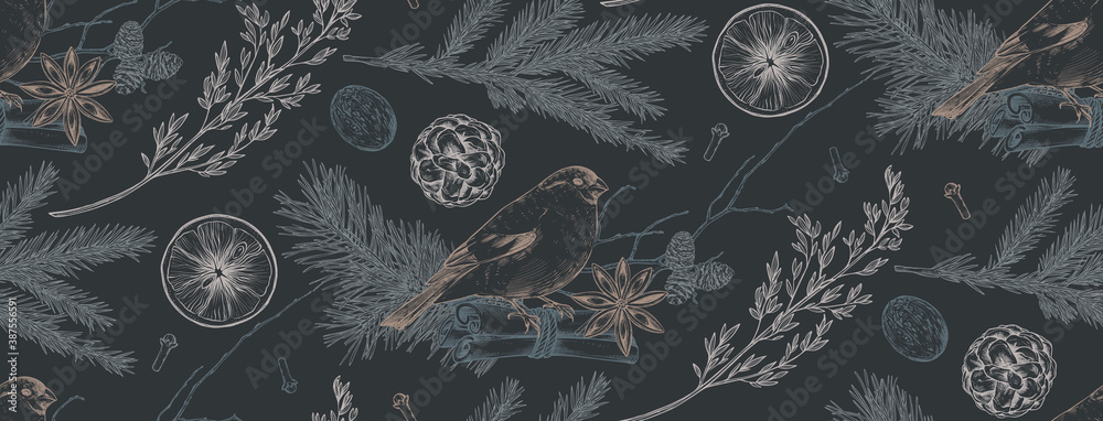 Vector seamless pattern with Christmas floral elements, plants, branches, pine cones, birds and spices.