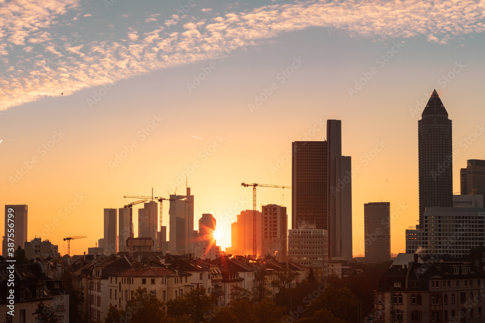 Outlook in Frankfurt. Great views of high-rise buildings and skyscrapers in the evening and at sunset. Great atmosphere in a mega city