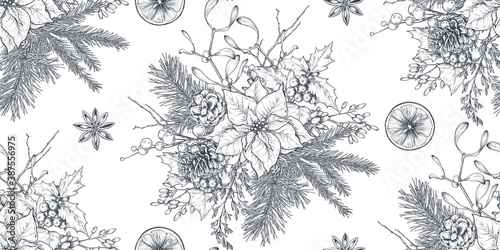 Vector seamless pattern with Christmas floral elements, plants, branches, pine cones, poinsettia