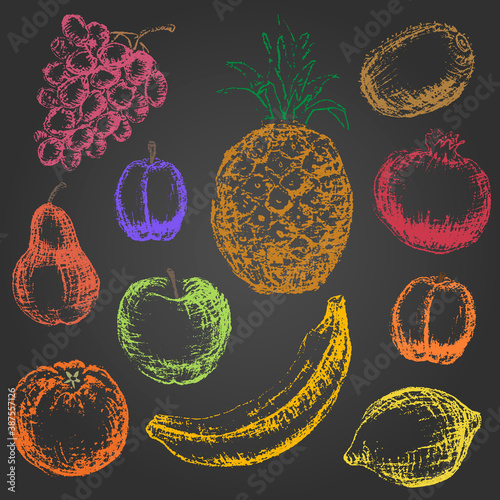 Set of hand drawn colored chalk fruit