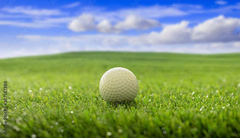 Golfball on green grass golf course, blue cloudy sky background Golfball on green grass golf course, blue cloudy sky background