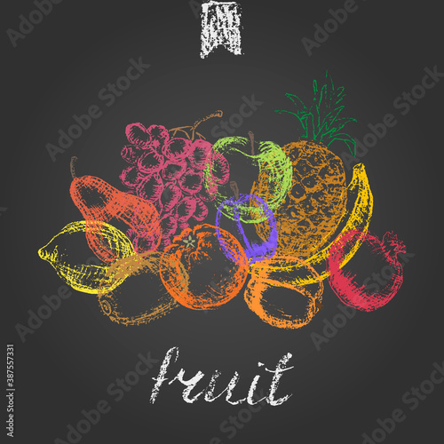 Hand drawn colored chalk fruit background