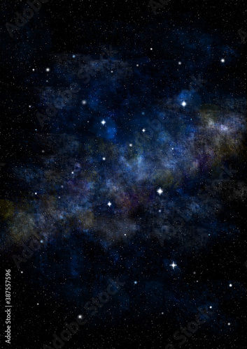 Milky night sky with stars and nebula. Blue starry sky background.