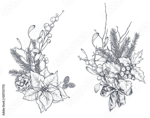 Vector Christmas floral arrangements for greeting card or invitation with hand drawn winter plants, pine cones, flowers