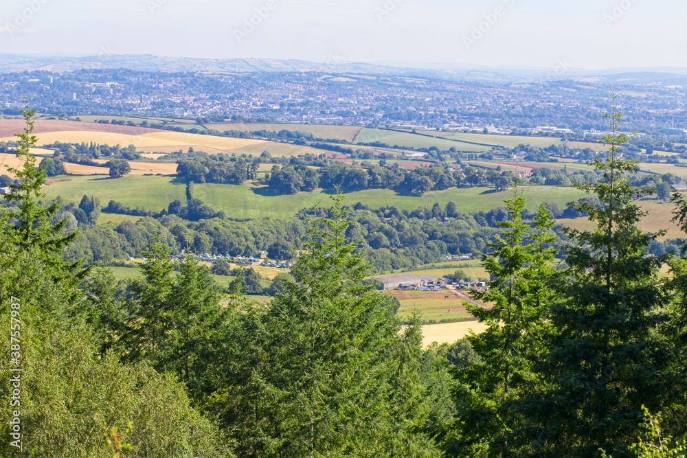 A view across Devonish farmland towards Exeter from Haldon Forest, Devon, England, UK.