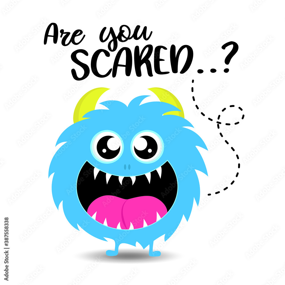 Cute monsters vector illustration, Happy Halloween.  Are you scared? Funny Cute cartoon kawaii character. Flat design. Baby collection. Greeting card, sublimation, poster etc. Isolated