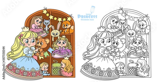 Cute blond princess playing with teddy bear near a wardrobe with toys outlined and color for coloring book