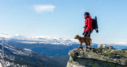 Man and dog standing on steep hillside and looking towards the snowy peaks of Jotunheimen in Norway. Staffordshire bullterrier, hiking, trekking, lifestyle, rondane and Norway concept.