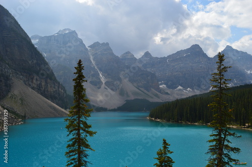 The turquoise Moraine Lake and the waterfalls and nature of the Rocky Mountains in British Columbia  Canada